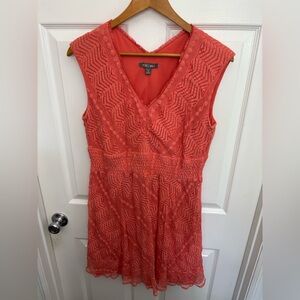 Roz & Ali Coral Lace Coquette Girl Balletcore Romantic V-Neck Mini Dress, 14P